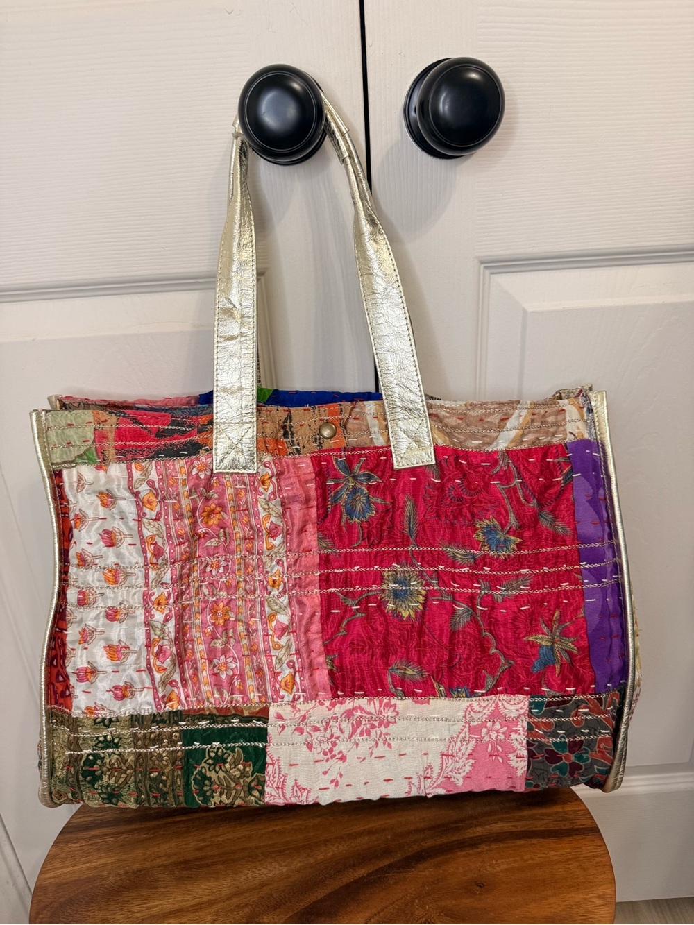 BuDhaGirl One-of-a-Kind Upcycled Silk Kantha Patchwork Tote Bag - Gold Handles
